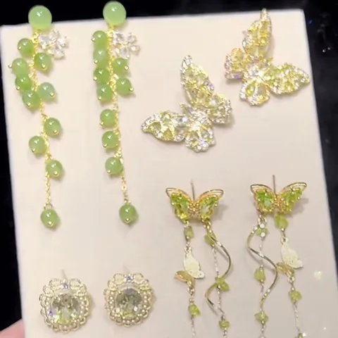 Vintage Forest Green Rhinestone Butterfly Flower Tassel Earrings Elegant Luxury Drop Earrings For Women Summer Jewelry