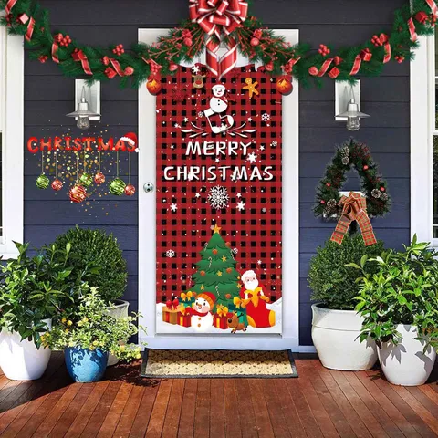 Christmas Door Curtain Plaid Santa Claus Snowman Printed Backdrop Polyester Festive Party Home Wall Hanging Decoration Banner