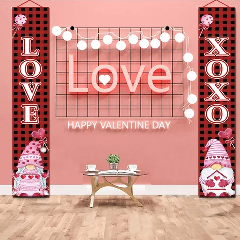 Polyester Valentine's Day Porch Sign Hanging Banner Plaid Gnome Heart Print Door Couplet For Home Party Holiday Decoration