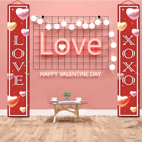 Polyester Valentine's Day Porch Sign Hanging Banner Plaid Gnome Heart Print Door Couplet For Home Party Holiday Decoration