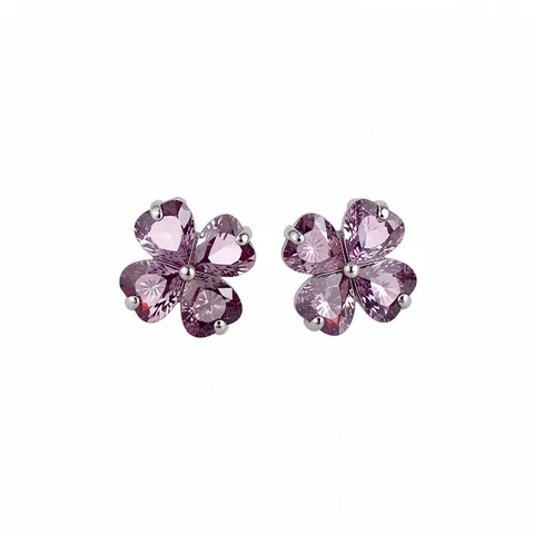 Lucky Heart Four Petal Flower Zirconia Heart Stud Earrings For Women Korean Simple Style Copper Jewelry Gift With Silver Post