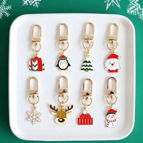Cute Cartoon Christmas Keychain Metal Enamel Santa Snowman Snowflake Reindeer Pendant For Bag AirPods Case New Year Gift