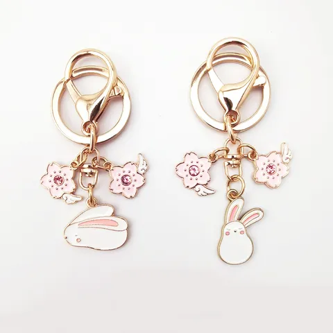 Cute Alloy Cherry Blossom Rabbit Keychain Pink Rhinestone Cartoon Bunny Pendant Key Ring For Girls Bag Accessory Decor