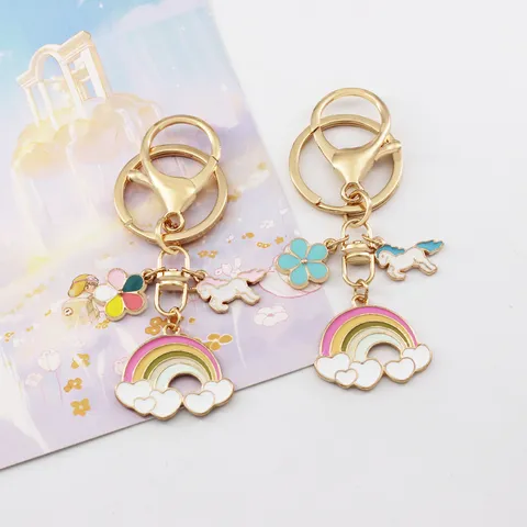 Cute Cartoon Unicorn Rainbow Keychain Alloy Enamel Flower Cloud Car Key Ring Pendant Creative Bag Charm Ornaments Gift