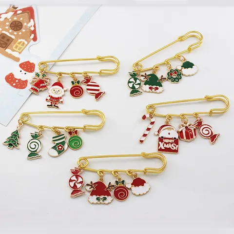 Cute Christmas Brooch Enamel Alloy Safety Pin Brooch Santa Claus Reindeer Candy Cane Snowman Christmas Tree Badge For Coat Bag Women Jewelry Gift