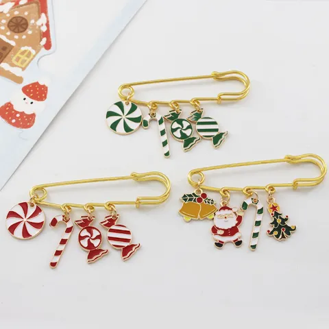 Cute Christmas Brooch Enamel Alloy Safety Pin Brooch Santa Claus Reindeer Candy Cane Snowman Christmas Tree Badge For Coat Bag Women Jewelry Gift