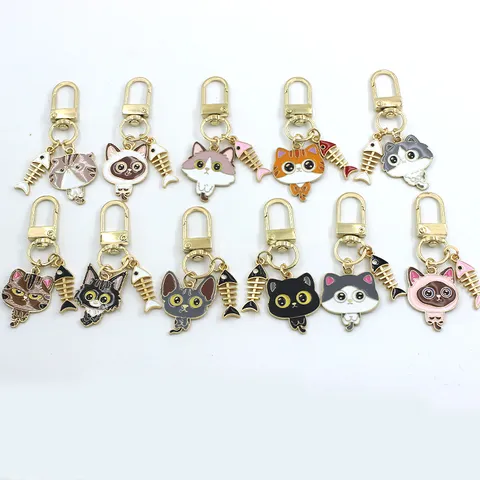 Creative Cute Alloy Cat Keychain With Fish Bone Pendant Enamel Metal Key Ring For Bag Car Earphone Charm Accessories Gift