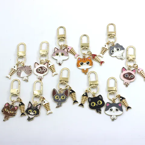 Creative Cute Alloy Cat Keychain With Fish Bone Pendant Enamel Metal Key Ring For Bag Car Earphone Charm Accessories Gift