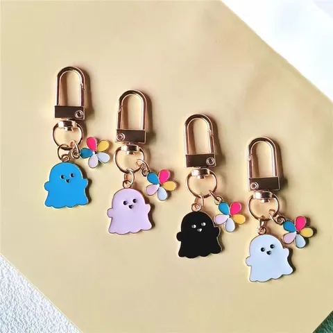 Llavero de Fantasma de Halloween de Dibujos Animados Lindo de Aleación de Zinc Fantasma y Flor Colgante Llavero para Parejas Bolso Coche Regalo