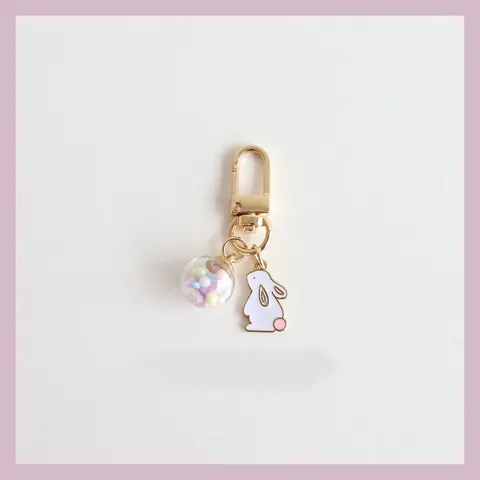 Cute Alloy Cartoon Rabbit Metal Keychain Glass Ball Charm Colorful Beads Pendant For Airpods Bag Decor Key Ring Holiday Gift