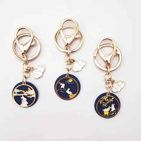 Japanese Style Zinc Alloy Enamel Keychain Cartoon Rabbit Moon Cloud Deer Pendant Keychain Creative Gift Accessory For Women Men