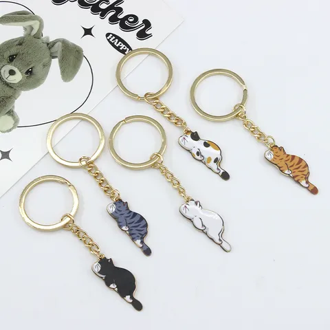 Cute Cartoon Cat Alloy Keychain Creative Animal Pendant Gold Ring Key Chain Car Bag Charm Decoration DIY Accessories Holder Gift