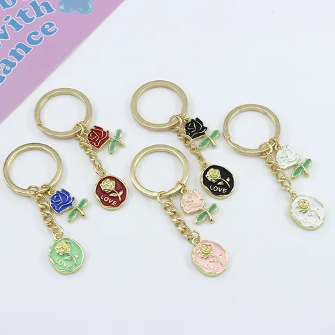 Romantic Rose Flower Keychain Alloy Bag Ornament Pendant With LOVE Letter Plate For Valentine's Day Couple Creative Gift