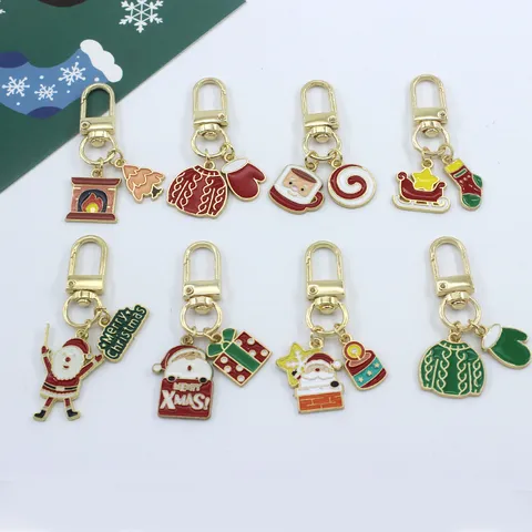 Cartoon Christmas Keychain Zinc Alloy Enameled Santa Claus Christmas Tree Pendant Festive Bag Charm Car Keyring Gift