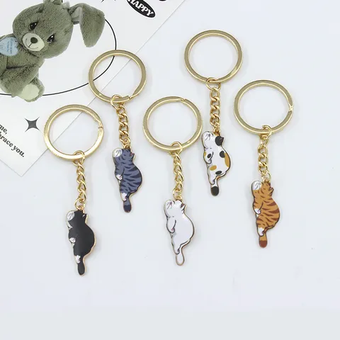 Cute Cartoon Cat Alloy Keychain Creative Animal Pendant Gold Ring Key Chain Car Bag Charm Decoration DIY Accessories Holder Gift