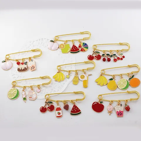 Fresh Summer Fruit Enamel Brooch Pin Set Gold Alloy Peach Cherry Strawberry Milk Tea Badges For Women Girls Clothing Accessories