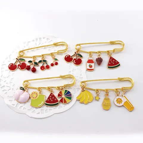 Fresh Summer Fruit Enamel Brooch Pin Set Gold Alloy Peach Cherry Strawberry Milk Tea Badges For Women Girls Clothing Accessories