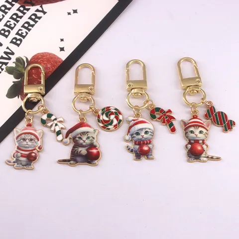 Christmas Zinc Alloy Keychain Cute Printed Cat Charm With Holiday Candy Snowflake Bell Purse Ornament Keyring For Party Gift