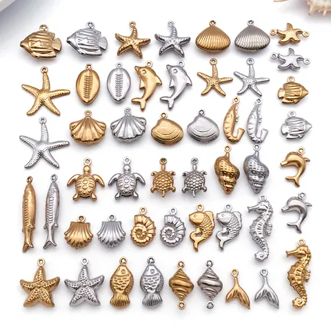 Charms Série Océan en Acier Inoxydable Animaux Marins Plat Vide Or Argent Étoile de Mer Coquillage Hippocampe Pendentifs Creux pour DIY Créatif Colliers Bracelets Boucles d'Oreilles Fournitures Bijoux
