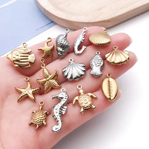 Charms Série Océan en Acier Inoxydable Animaux Marins Plat Vide Or Argent Étoile de Mer Coquillage Hippocampe Pendentifs Creux pour DIY Créatif Colliers Bracelets Boucles d'Oreilles Fournitures Bijoux