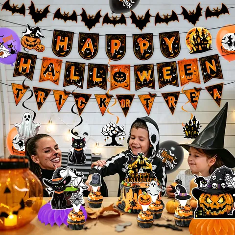Halloween Feest Decoratie Set Papier Banners Cake Toppers Ballonnen Honingraat Ornamenten Spiralen Feestelijke Huis Hangende Decoratie