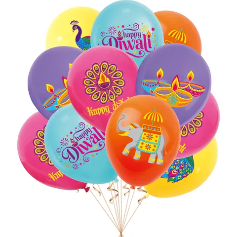 Diwali Party Decorative Latex Balloons Happy Diwali Elephant Peacock Traditional Oil Lamp Print Round Balloon Home Decor Supplies