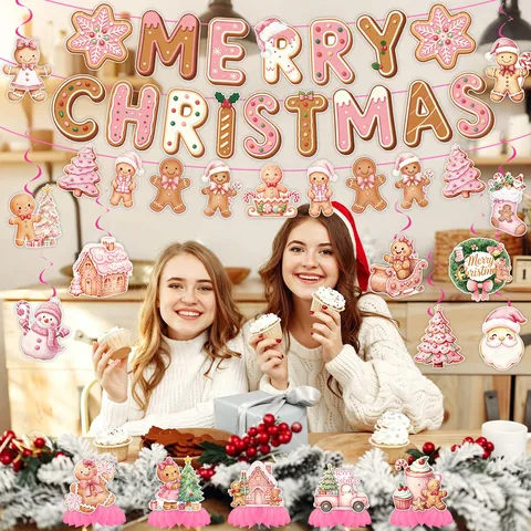 Pink Christmas Gingerbread Man Party Decoration Set Merry Christmas Banner Spiral Hanging Swirls Honeycomb Centerpiece Paper Ornaments For Festival Layout