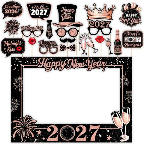 2027 Oro Rosa Año Nuevo Accesorios De Fotomatón Happy New Year 2027 Marco De Fotos Y Gafas Divertidas Accesorios De Mano Para Decoraciones De Fiesta De Nochevieja