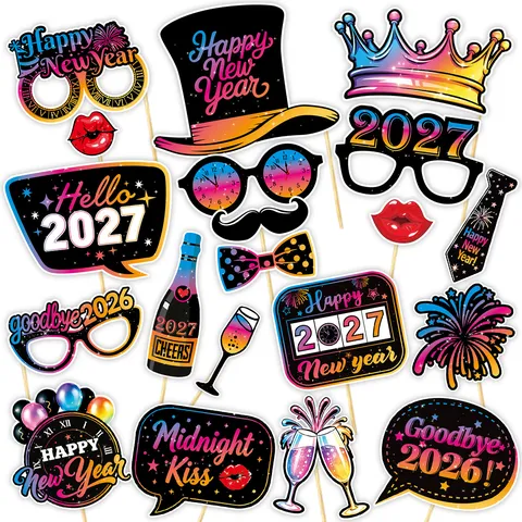 Funny Paper New Year Photo Booth Props Glitter Multicolor Festive Table Layout Props Handheld Photo Mask Background Decoration For New Year Party
