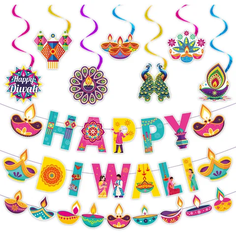 Happy Diwali Party Decorations Set With Banner Hanging Swirls Honeycomb Centerpieces And Latex Balloons For Festival Party Home Decor