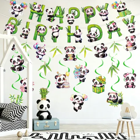 Mignon Dessin Animé Panda Thème Anniversaire Fête Décoration Ensemble Bannière Suspendue Banderole Tourbillon Guirlande Pour Enfants Anniversaire Scène Mise En Page Papier Accessoires