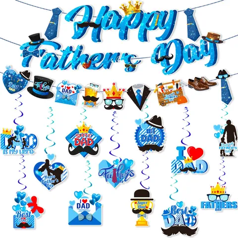 Fathers Day Party Decoration Banner Hanging Streamer Swirl Set Printed Paper Mustache Tie Theme Celebration Ornament Home Decor