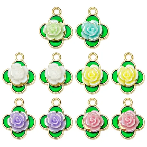 Four Leaf Clover Rose Flower Drip Oil Alloy Pendant DIY Jewelry Accessories For Bracelet Necklace Earring Charms Resin Flowers Accessory