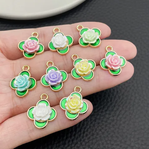 Four Leaf Clover Rose Flower Drip Oil Alloy Pendant DIY Jewelry Accessories For Bracelet Necklace Earring Charms Resin Flowers Accessory