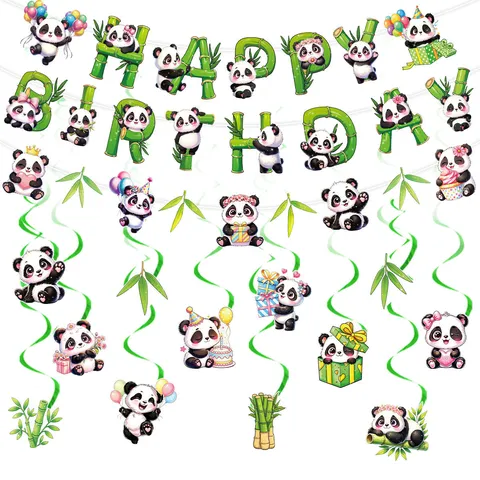 Mignon Dessin Animé Panda Thème Anniversaire Fête Décoration Ensemble Bannière Suspendue Banderole Tourbillon Guirlande Pour Enfants Anniversaire Scène Mise En Page Papier Accessoires