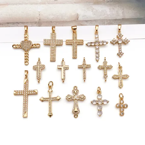 Gold Silber Versilbertes Kupfer Strass Kreuz Anhänger Charms Glänzend Mikro Eingelegt Kreuzform Handwerk Elemente Für DIY Schmuckherstellung Zubehör