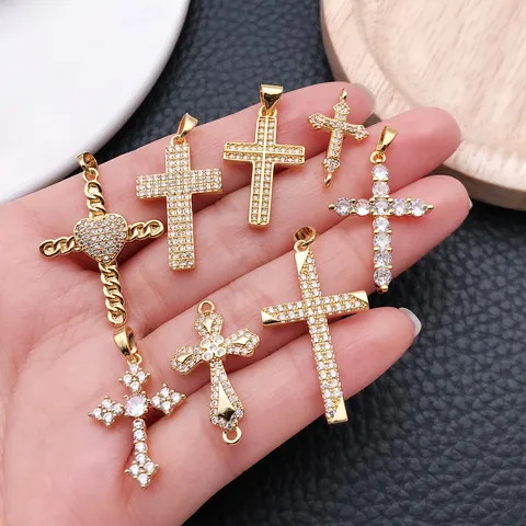 Gold Silber Versilbertes Kupfer Strass Kreuz Anhänger Charms Glänzend Mikro Eingelegt Kreuzform Handwerk Elemente Für DIY Schmuckherstellung Zubehör