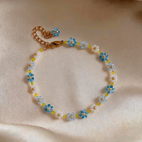Summer Fresh Crystal Beaded Colorful Flower Necklace Stainless Steel Bracelet Ring Set For Women Sweet Dainty Floral Choker Jewelry