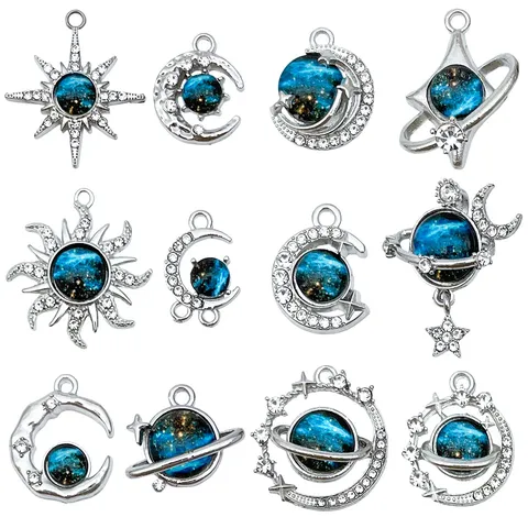 Celestial Starry Sky Moon Star Sun Planet Pendants Alloy Rhinestone Glass Charms For DIY Jewelry Making Necklace Earrings Pendants Accessories Women
