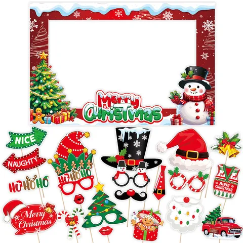 Funny Christmas Photo Booth Props Set Creative Party Decoration Mask Glasses Paper Handheld Photobooth Props For Holiday New Year Celebration Accessory