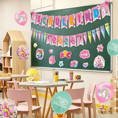Unicorn Back To School Party Decoration Set German Schulanfang Banner Balloons Stickers School Opening Ceremony Supplies