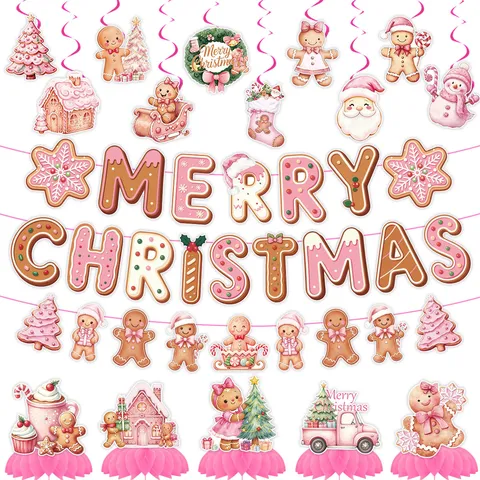 Pink Christmas Gingerbread Man Party Decoration Set Merry Christmas Banner Spiral Hanging Swirls Honeycomb Centerpiece Paper Ornaments For Festival Layout