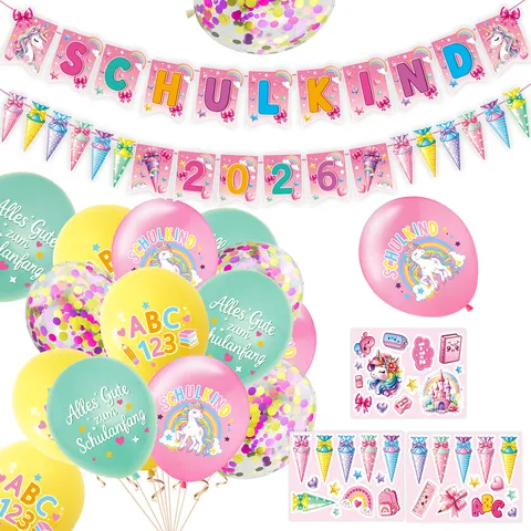 Unicorn Back To School Party Decoration Set German Schulanfang Banner Balloons Stickers School Opening Ceremony Supplies