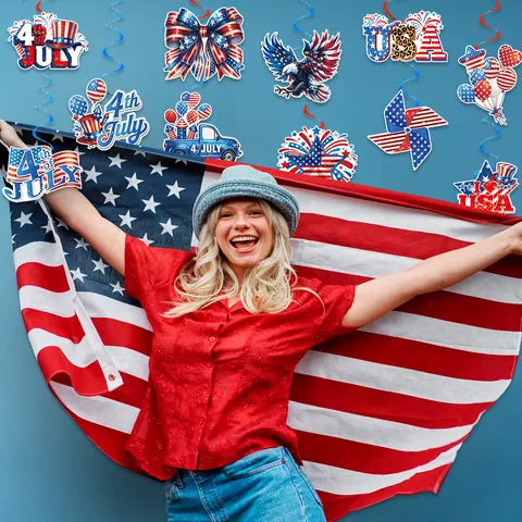 USA Independence Day Party Hanging Swirl Decorations 4th of July Patriotic American Flag Eagle Stars Paper Cards Set