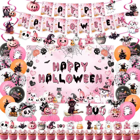 Cute Pink Halloween Party Decoration Set Paper Banner Spiral Hanging Swirl Honeycomb Ornament Cupcake Toppers Latex Balloons Kit For Festive Home Decor Supplies