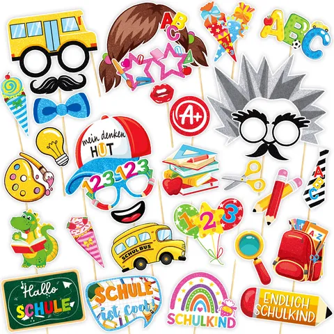 Juego de Accesorios para Fotomatón de Regreso a Clases en Alemán Schule Schulkind Decoraciones de Fiesta Gafas de Dibujos Animados Máscara de Autobús Escolar
