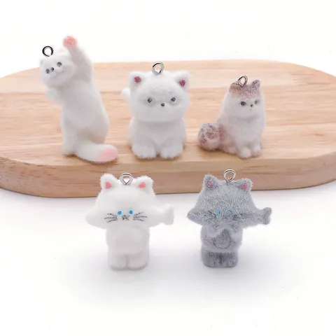 Cute 3D Flocked Resin Cat Dog Charms Cartoon Animal Miniature Figurines For DIY Keychain Pendant Jewelry Making Crafts Accessories