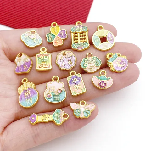 Chinese Style Zinc Alloy Enamel Drip Charms Auspicious Traditional Motif Antique Gold Tone Pendants Jewelry Making DIY Crafting Findings Accessory