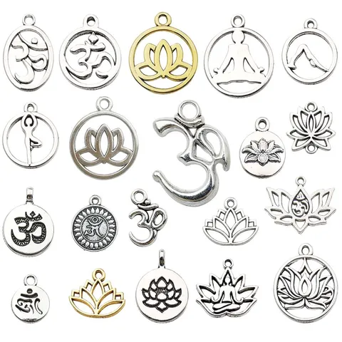 DIY Zinc Alloy Yoga Lotus Om Symbol Charms Antique Silver Gold Hollow Round Pendants For Jewelry Making Necklace Earring Craft Accessories