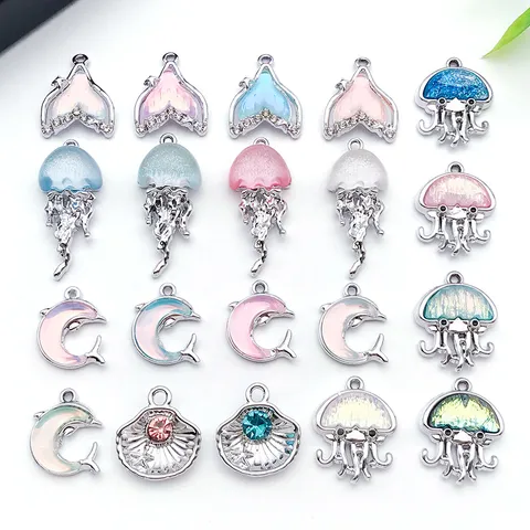 Alloy Ocean Theme Charms Mixed Marine Animal Jellyfish Dolphin Starfish Fish Tail Rhinestone Pendant Charms For Handmade DIY Jewelry Making Earrings Necklace Keychain